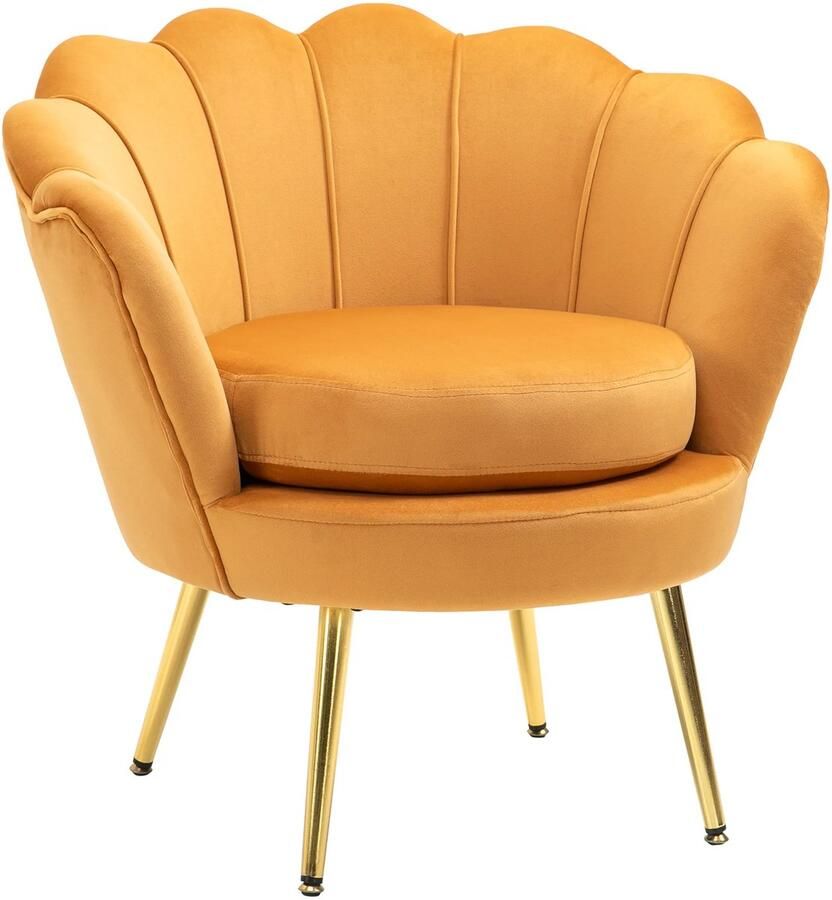 TRUUSK Gestoffeerde Schelpvormige Fauteuil Fluwelen Look Metalen Poten Make-up Stoel Voor Slaapkamer en Woonkamer Geel