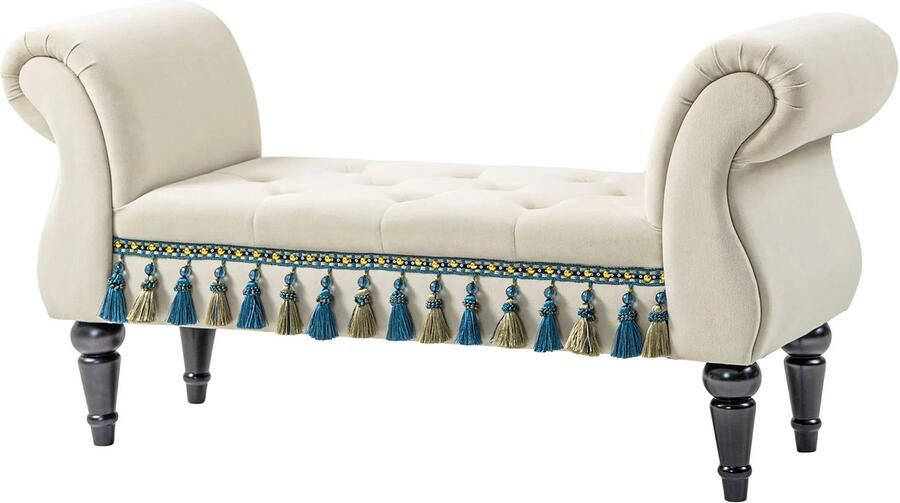 TRUUSK Gestoffeerde Slaapkamerbank Vintage Ontwerp in Fluweel Look Houten Poten Draagvermogen 150 Kg 117x40x58 Cm Beige