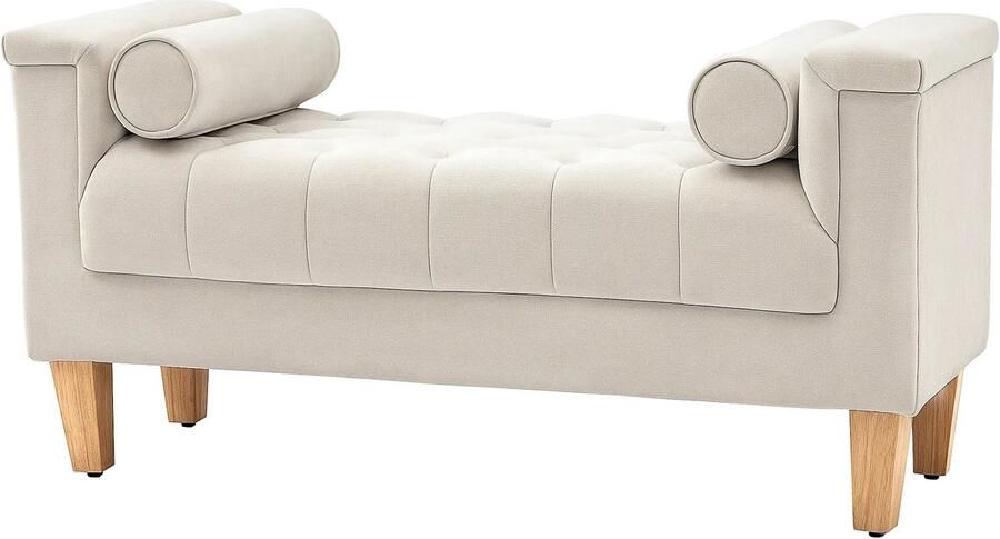 TRUUSK Gestoffeerde Zitbank Chenille-hoes Armleuning Houten Frame Inclusief 2 Cilinderkussens Schoenenbank Voor