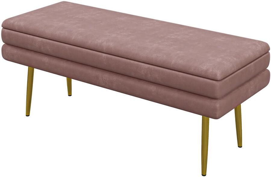 TRUUSK Gestoffeerde Zitbank Met Opbergruimte Fluweel Look Stalen Poten Schoenenbank Voor Woonkamer en Slaapkamer Roze
