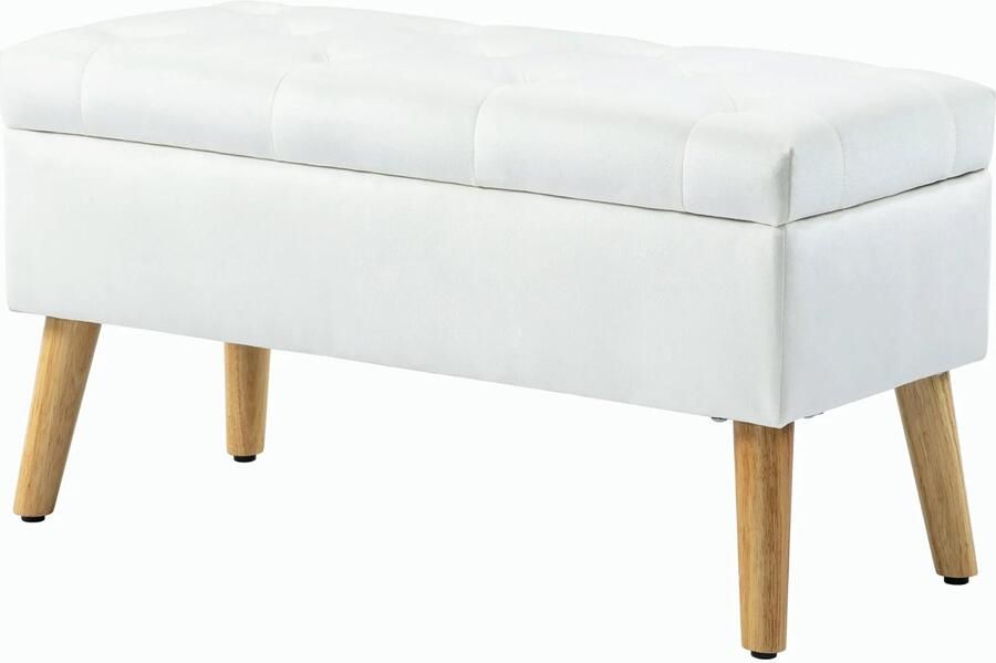 TRUUSK Gestoffeerde Zitbank met Opbergruimte Fluwelen Look Rubberhout 102 x 35 x 43 cm Wit Voor Hal Slaapkamer en