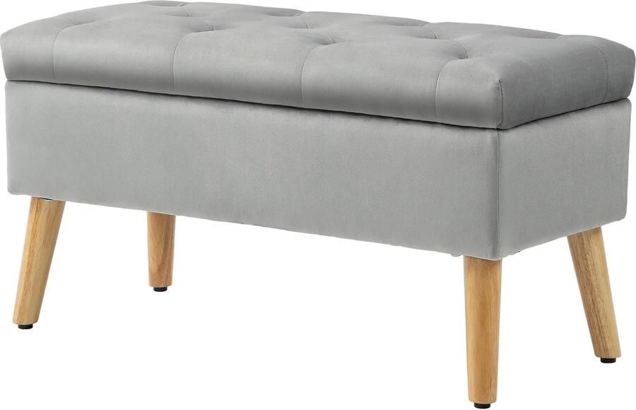 TRUUSK Gestoffeerde Zitbank met Opbergruimte Fluwelen Look Rubberhout Voor Hal Slaapkamer Woonkamer Grijs 102 x 35 x 43