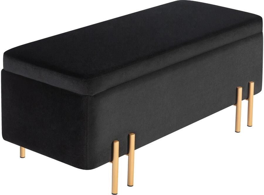 TRUUSK Gestoffeerde Zitbank met Opbergruimte Kistbank van Stof en Metaal Rubberhouten Poten Schuimvulling Zwart 100 x