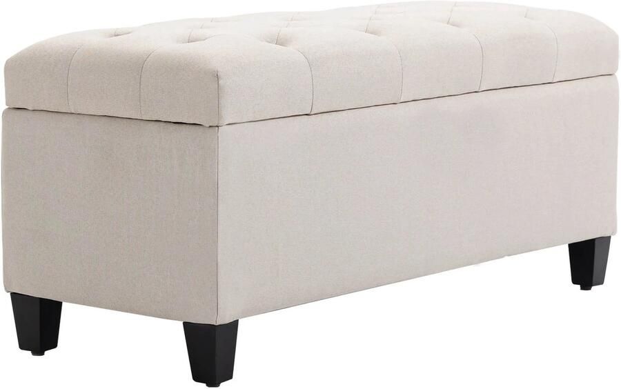TRUUSK Gestoffeerde Zitbank met Opslagruimte Kistbank van Linnenachtig Polyester Rubberhout Crèmewit 100 x 40 x 44 cm