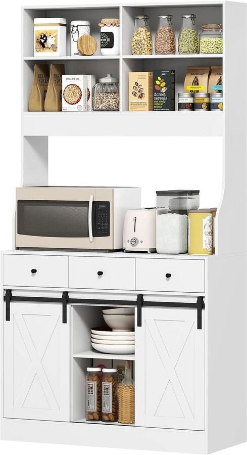 TRUUSK Hoge Keukenkast Met Werkblad Buffetkast Met Schuifdeuren 3 Lades Verstelbare Planken Opbergkast Voor Keuken