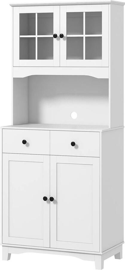 TRUUSK Hoogglans Keukenkast Met Magnetronrek 2 Kasten en 2 Lades Vitrinekast Met Verstelbare Planken Kantelbeveiliging