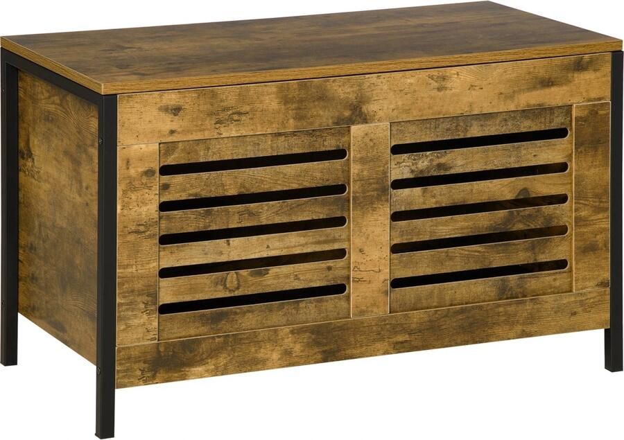 TRUUSK Houten Kist In Industrieel Design Dressoir Lamellendeuren Bruin + Zwart