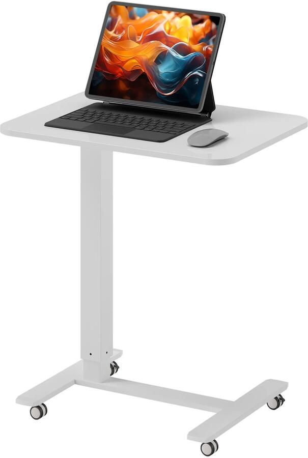 TRUUSK In Hoogte Verstelbare Sta-zit C-vormige Bureau Ruimtebesparende Laptoptafel Sta-bureau Bijzettafel Met Wielen Voor Studeerkamer Woonkamer Wit Draagvermogen Tot 70 Kg 65 X 48 X 70-110 Cm