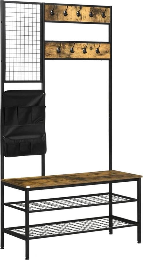 TRUUSK Industrieel Design Kledingkast 1 Memobord 1 Schoenenbank 8 Kapstokhaken 1 Opbergtas Zwart + Bruin