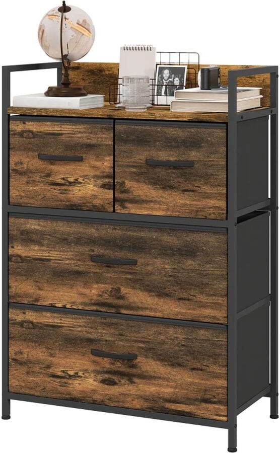 TRUUSK Industrieel Ladekast Dressoir 4 Stoffen Lades 60x29x85cm Bruin Zwart