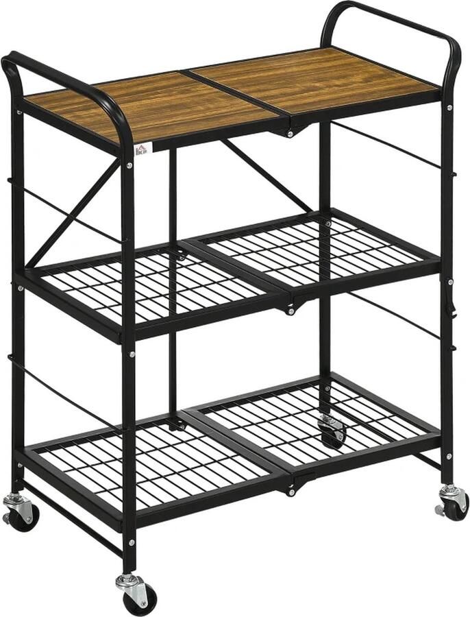 TRUUSK Industriële Keukenwagen Met 3 Planken Keukenwagen Serveerwagen 4 Wielen Opvouwbaar Bruin+Zwart