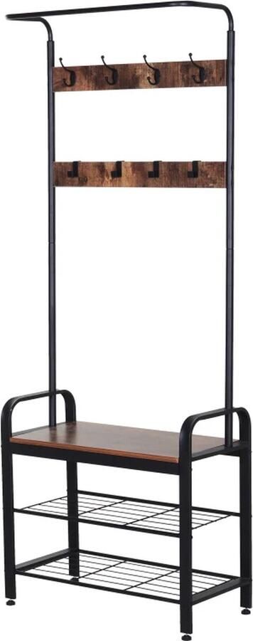 TRUUSK Kapstok Schoenenrek Kledingrek Met 8 Haken 2 Planken MDF Zwart 72 X 34 X 185 Cm