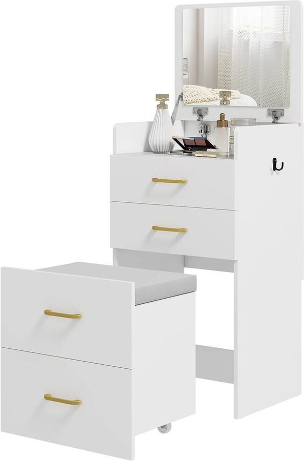 TRUUSK Kaptafel met Spiegel Nachtkastje Rolkruk Laden Wit