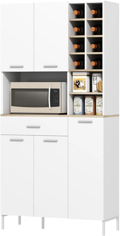 TRUUSK Keukenkast met Open Planken en Wijnrek Voorraadkast met Vakken 5 Kastdeuren MDF Wit