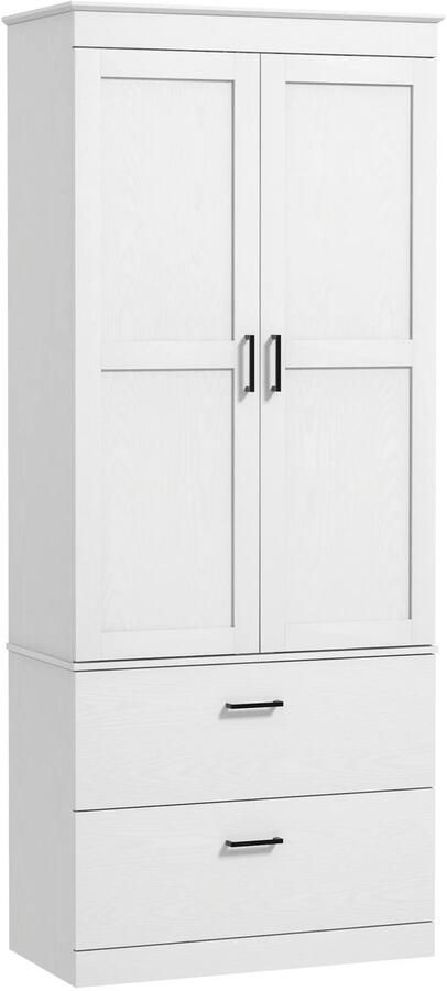 TRUUSK Keukenkast met Verstelbare Planken en 2 Lades Hoge Kast voor Eetkamer en Woonkamer 75 x 39 x 178 cm Crèmewit