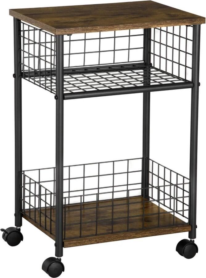 TRUUSK Keukentrolley In Industrieel Design 1 Plank 1 Opbergmand 4 Wielen 40 Cm X 30 Cm X 62 Cm Staal Zwart + Bruin