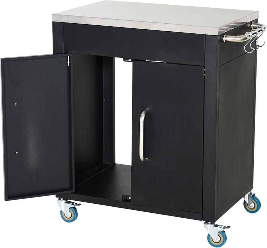TRUUSK Keukentrolley Met Wielen Serveerwagen Trolley Met Kast Haken En Roestvrijstalen Handgrepen Keukenhulp Keukentrolley Zwart 86 X 50 X 86 5 Cm