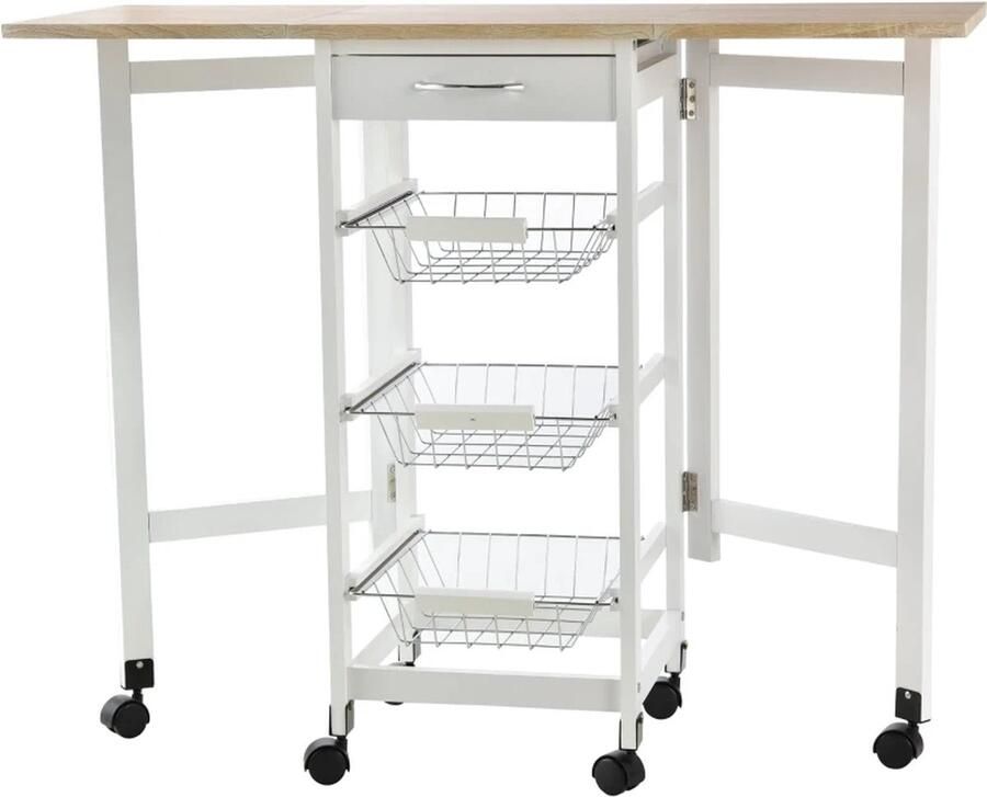 TRUUSK Keukentrolley Opvouwbaar Trolley Serveerwagen Lade Met 3 Manden 6 Universele Wielen Voor Keukens Naturel + Wit 97 2 X 37 X 77 5 Cm