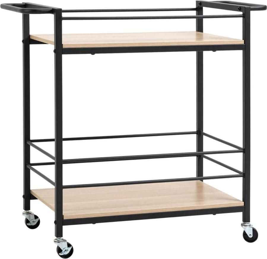 TRUUSK Keukentrolley Serveerwagen Met 2 Planken Reling Staal Zwart + Hout 82 X 40 X 75cm