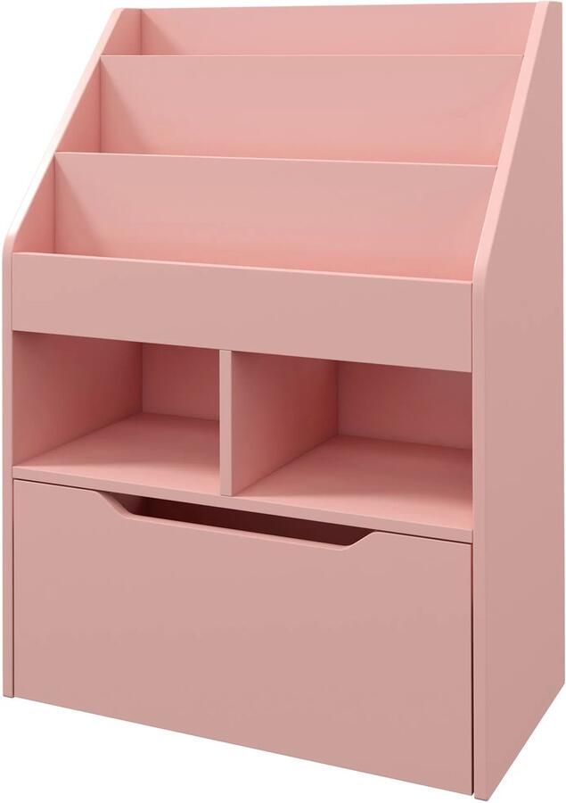 TRUUSK Kinder Boekenkast Met Lade 3 Opbergvakken 2 Open Vakken Roze 60 x 29 9 x 90 cm Voor Kinderkamer en Speelkamer