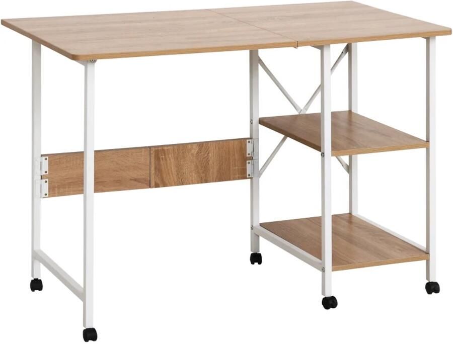 TRUUSK Klaptafel Bureau Bijzettafel Kantoortafel Mobiele Computertafel Op Wielen MDF Naturel 107 X 55 X 76 Cm