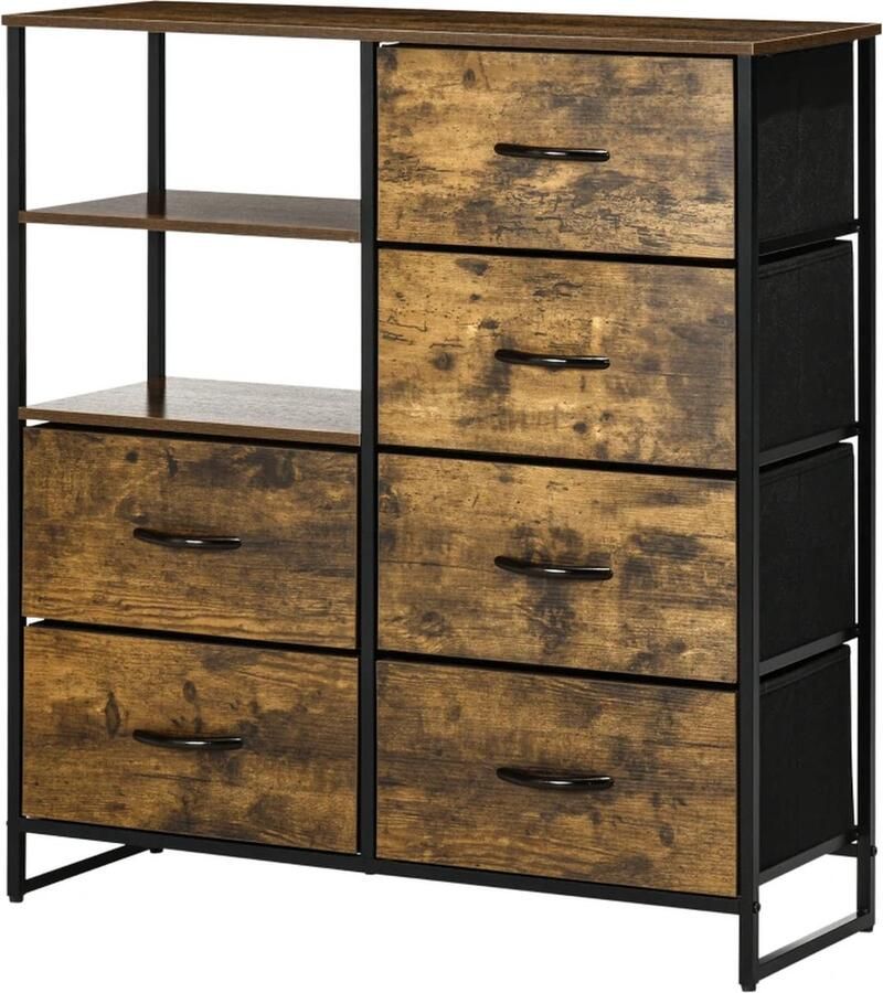 TRUUSK Ladekast Met Zes Laden en Open Planken MDF en Staal 84x30x92 cm Bruin Zwart Verstelbare Poten