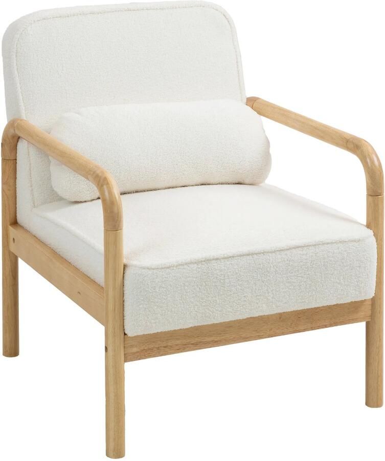 TRUUSK Loungestoel Fauteuil Armleuningen Houten Poten Dikke Zitplaats Sierkussen Bouclé-Uiterlijk Gestoffeerd Wit