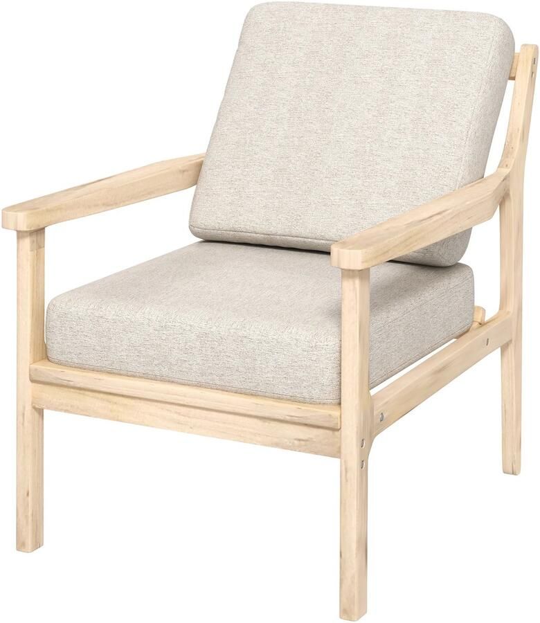 TRUUSK Loungestoel met Linnenlook Armleuning Gevoerde Relaxstoel Houten Poten Afneembare Kussens Gestoffeerde Stoel