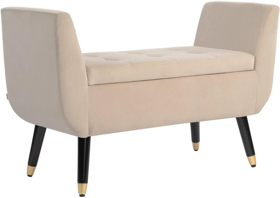 TRUUSK Luxe Gestoffeerde Zitbank met Opbergruimte Armleuningen Fluweelachtig Polyester Rubberhout Beige 107 x 42 x 65 cm