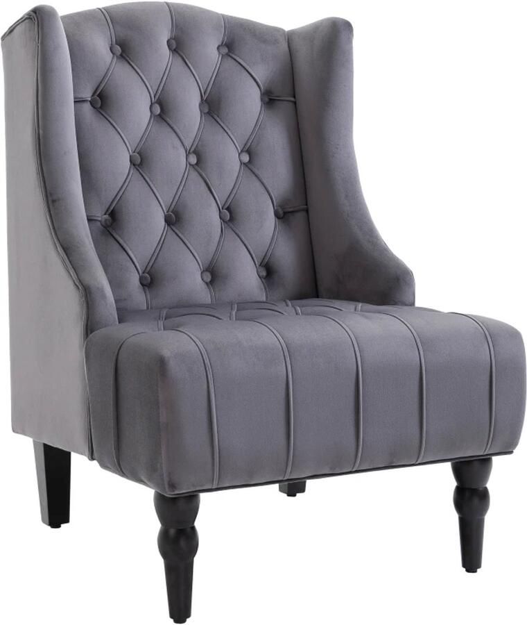 TRUUSK Luxe Vleugelfauteuil Grijs Fluweel Getufte Rugleuning Verhoogde Poten Comfortabel Relaxen 67 x 70 5 x 97 cm