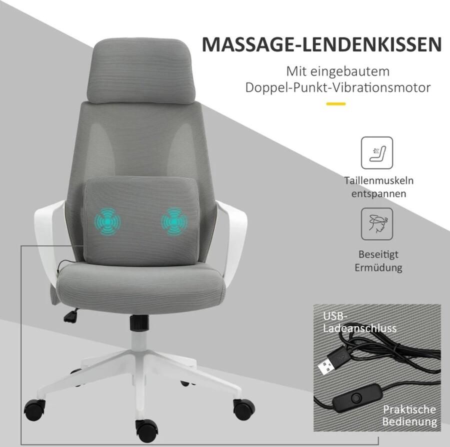 TRUUSK Massage Bureaustoel Ergonomisch Hoogte Verstelbaar Draaibaar Met Massagefunctie Nylon Grijs 62 x 60 x