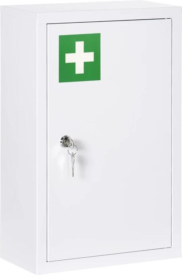 TRUUSK Medicijnkastje 3 Compartimenten Afsluitbare Deur Stevige Stalen Behuizing Wit 30 x 14 x 46 cm