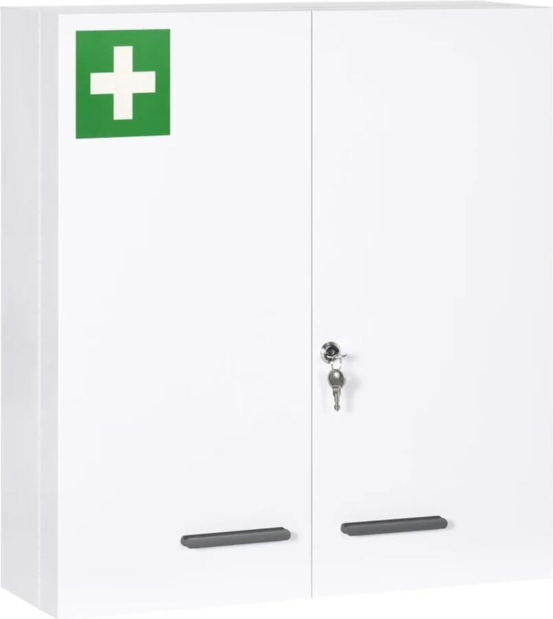 TRUUSK Medicijnkastje 6 Binnenvakken Afsluitbaar Stevige Stalen Behuizing 2 Deuren Wit 55 x 18 x 60 cm