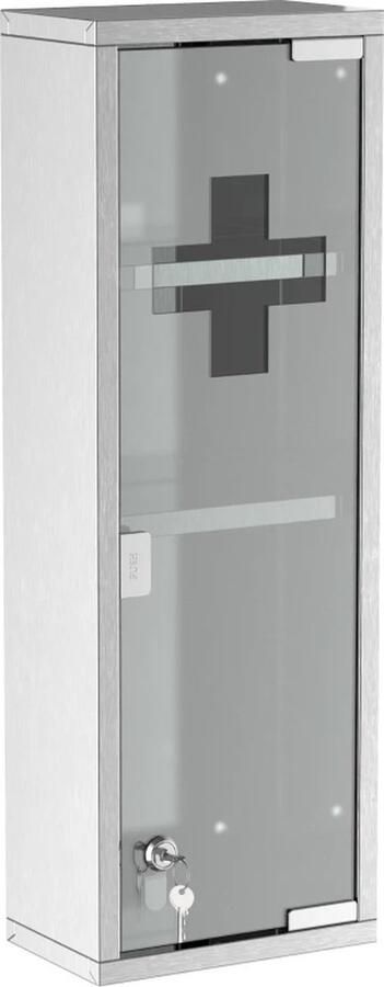 TRUUSK Medicijnkastje EHBO-kastje Met Slot 3 Vakken Frosted Glas 430 RVS + Gehard Glazen Deur Zilver 20 X 12 X 58 Cm