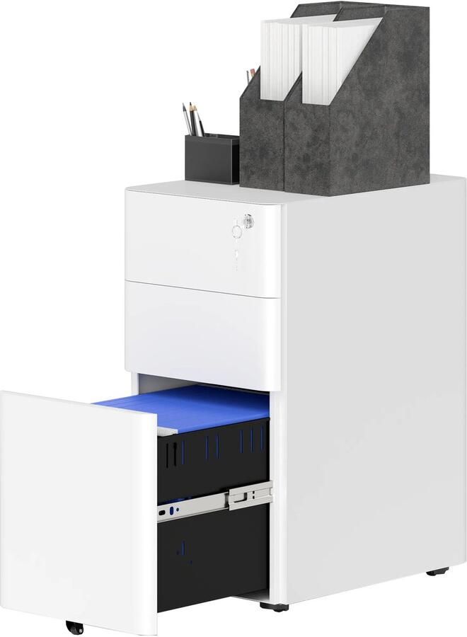 TRUUSK Mobiele Archiefkast Met 3 Laden Afsluitbaar Voor A4 Legal Letter Staal 30 x 45 x 59 cm Wit