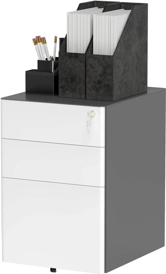 TRUUSK Mobiele Archiefkast met 3 Lades Afsluitbaar Hangmappen Staal 39 x 48 x 59 cm Wit en Grijs