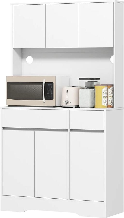 TRUUSK Moderne Buffetkast met 6 Deuren Verstelbare Planken Kabelluikjes Magnetronkast Wit 100 x 38 x 180 cm