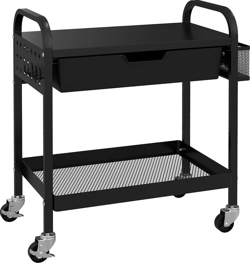 TRUUSK Multifunctionele Trolley Met 1 Lade 1 Plank 4 Wielen Keukentrolley Zwart