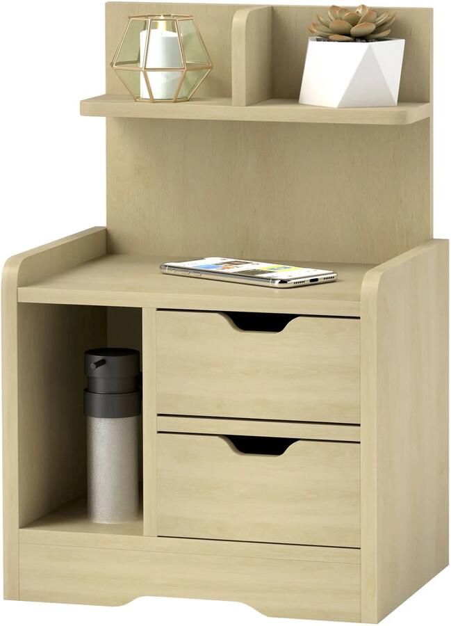 TRUUSK Nachtkastje met 2 lades Bijzettafel met open opbergruimte Voor slaapkamer en woonkamer 40 x 30 x 60 cm Natuurhout