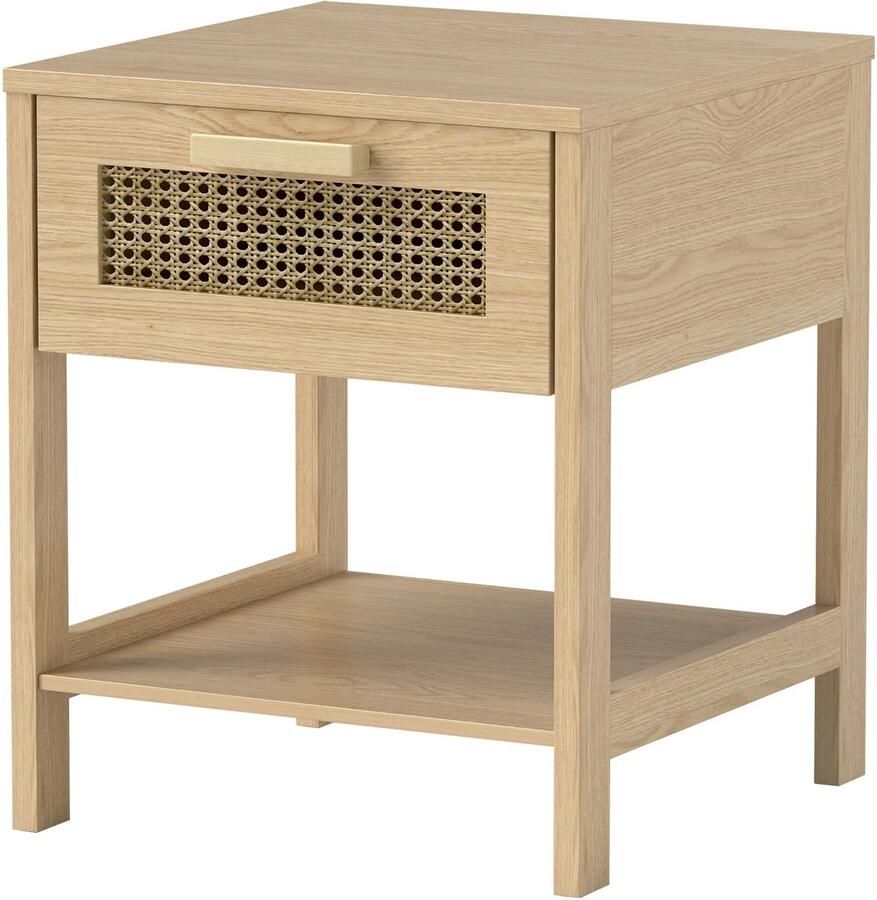 TRUUSK Nachtkastje met Lade en Open Opslag Natuurlijk Rattan-Design 40 x 40 x 48 4 cm Voor een Rustieke Sfeer in de