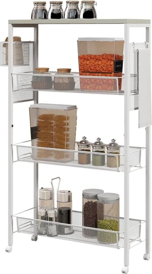 TRUUSK Niswagen Multifunctionele Wagen Keukenwagen 3 Planken Haken 58 Cm X 18 5 Cm X 87 Cm Wit