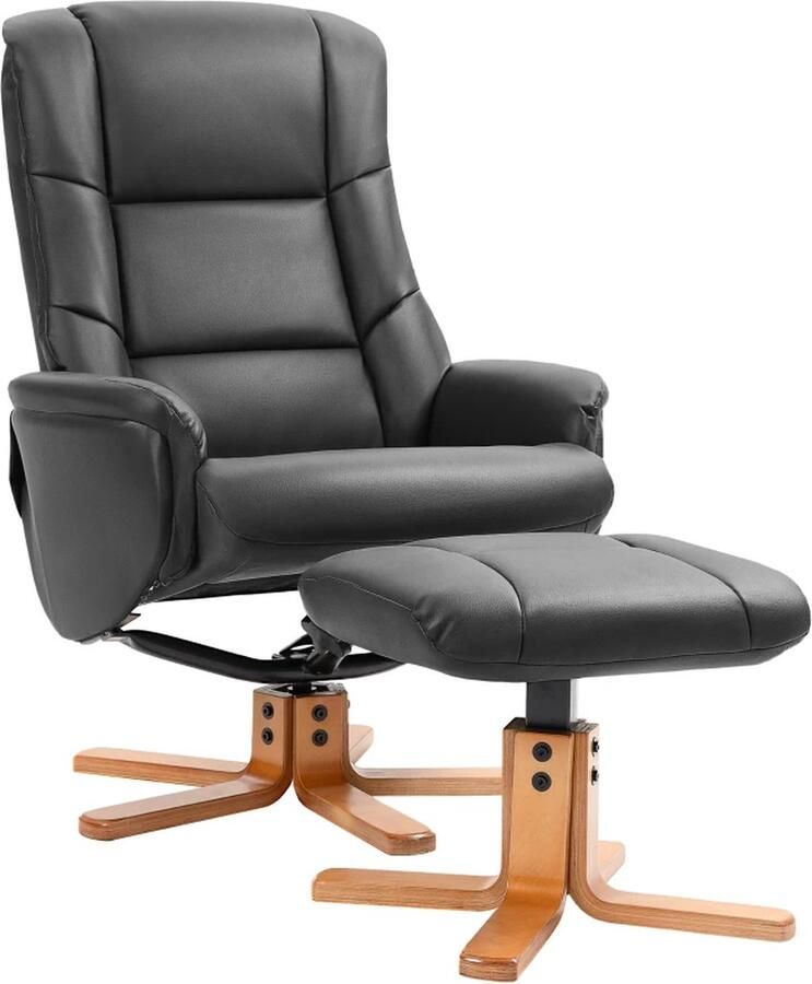 TRUUSK Ontspanningsstoel met Kruk Ligfunctie Kunstleren Bekleding Tot 150 kg 71 x 84 x 102 cm Zwart