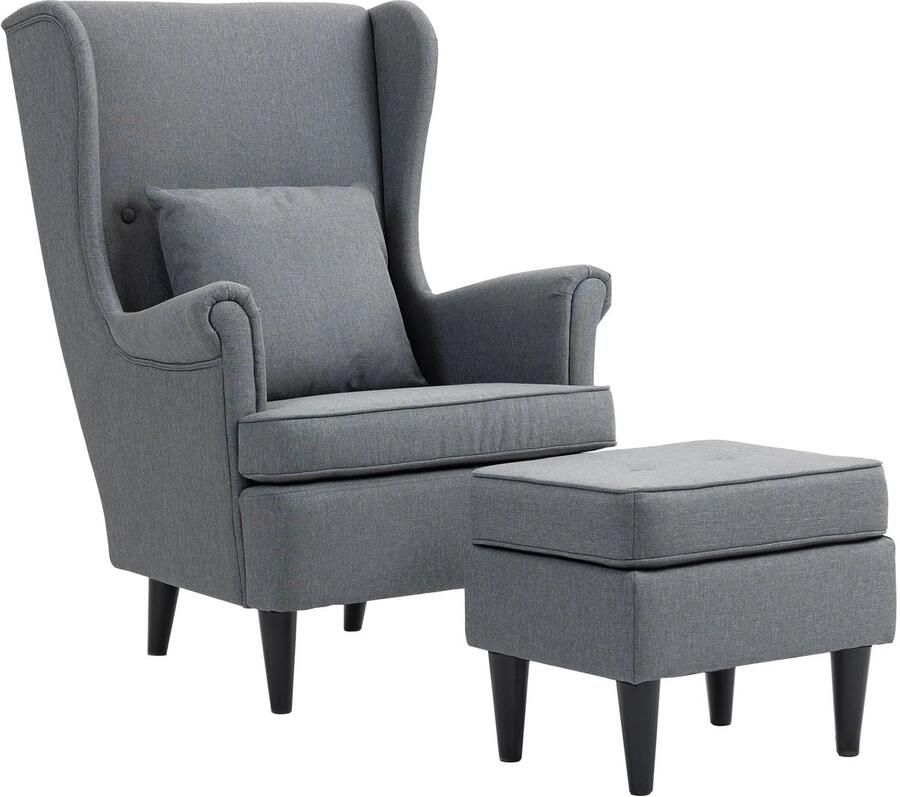 TRUUSK Oorfauteuil met Voetenbank Linnenlook Lendenkussen Moderne Loungestoel met Armleuningen Grijs