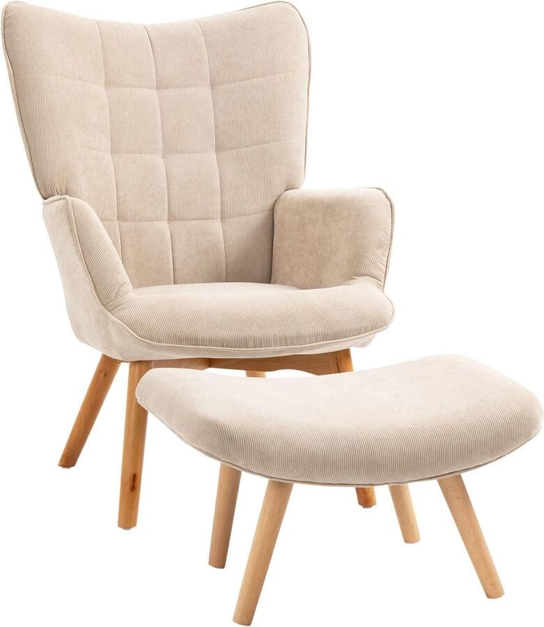 TRUUSK Oorfauteuil Met Voetenbank Relaxfauteuil Gestoffeerd in Corduroy-look Loungestoel met Houten Poten TV-stoel Beige