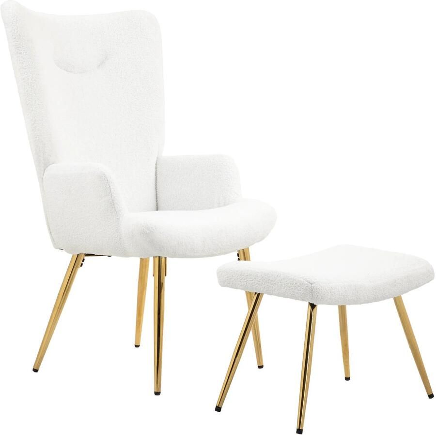 TRUUSK Oorfauteuil Met Voetenbank Sherpa-hoes Hoge Rugleuning Loungestoel Met Armleuning Stalen Poten Wit