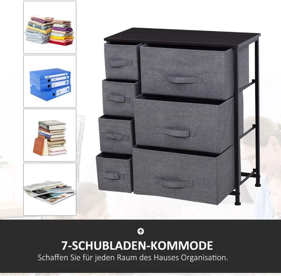 TRUUSK Opbergkast met 7 Opvouwbare Stoffen Lades Metalen Frame Hout Non-woven Grijs 63 5 x 30 x 71 cm