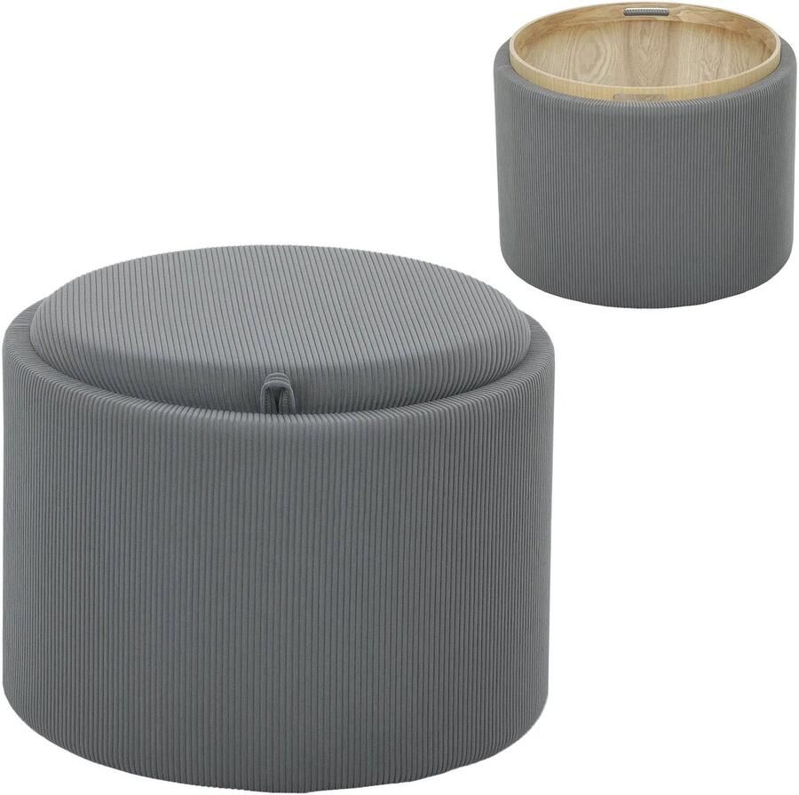 TRUUSK Opbergkruk Grijs Met Deksel Ronde Voetenbank Gestoffeerd 56 x 56 x 42 cm Koord-look