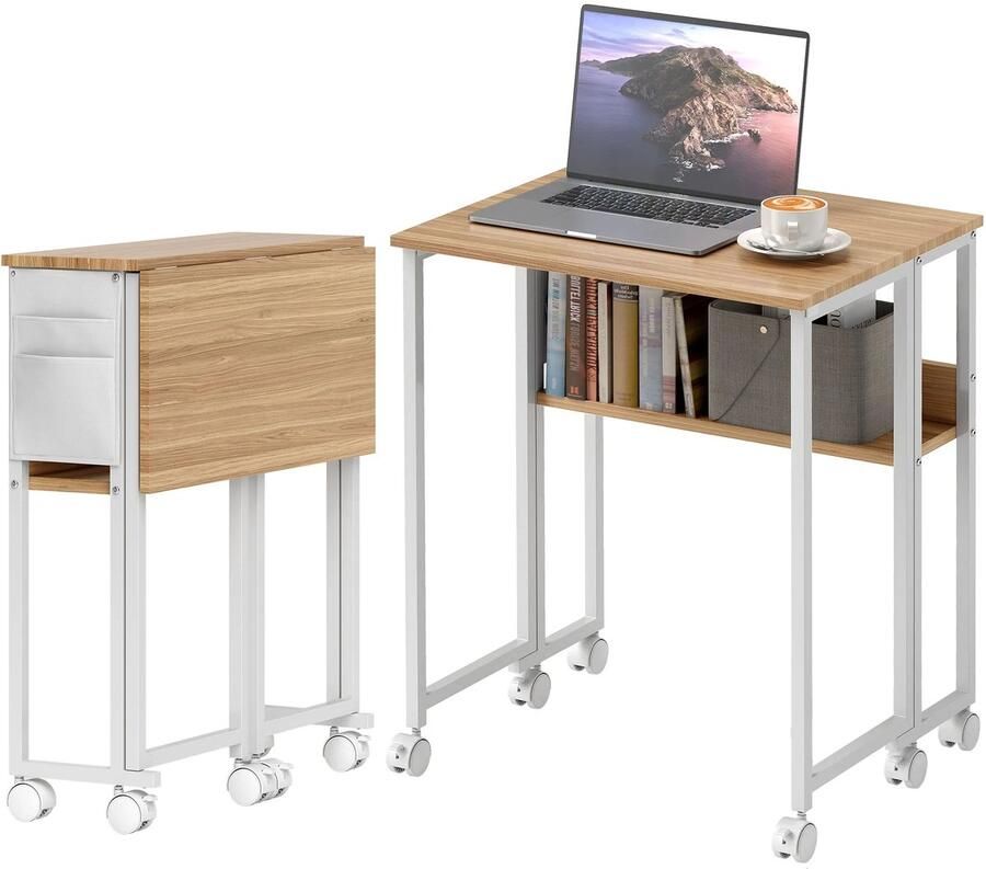 TRUUSK Opklapbaar Klein Bureau 63 cm Wielen Ruimtebesparend Computertafel met Plank en Opbergzak Voor Thuis en Kantoor