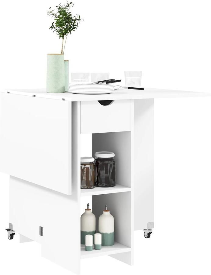 TRUUSK Opklapbare Eettafel Mobiele Keukentafel Voor 2-4 Personen Met Open Planken 1 Lade Opklaptafel Voor Kleine Ruimtes Eetkamer 114 5 X 70 X 75 Cm Wit