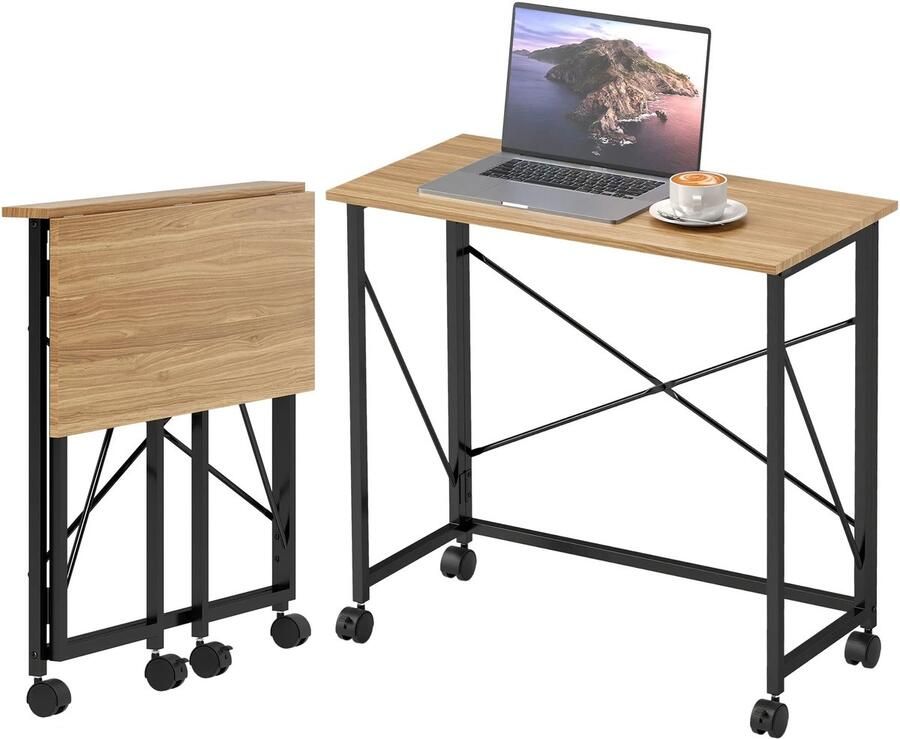 TRUUSK Opklapbare Kleine Bureau 80 cm Met Wielen Ruimtebesparend Computertafel voor Thuis Kantoor Eiken
